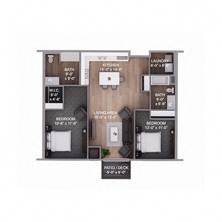Floor plan for 2 beds, 2 baths, 1075 sqft